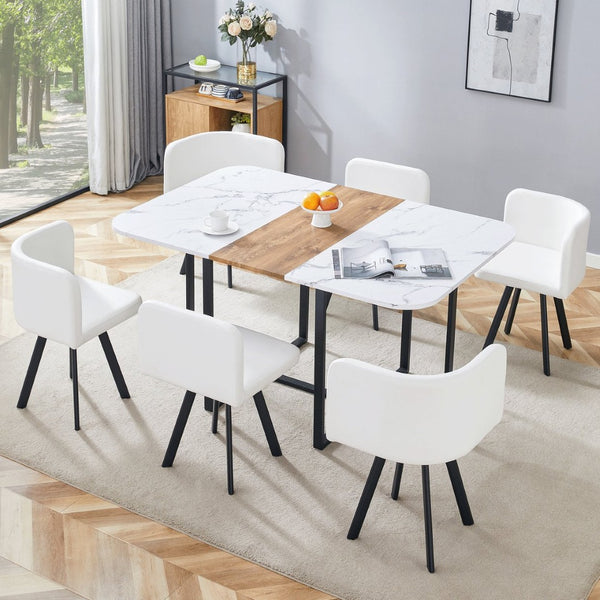 English Elm Modern Reversible Faux Marble Mdf Dining Set with White Pu Leather Chairs Seats Six W3226S00004