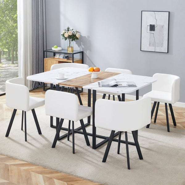 English Elm Modern Reversible Faux Marble Mdf Dining Set with White Pu Leather Chairs Seats Six W3226S00004