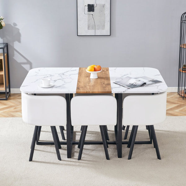 English Elm Modern Reversible Faux Marble Mdf Dining Set with White Pu Leather Chairs Seats Six W3226S00004