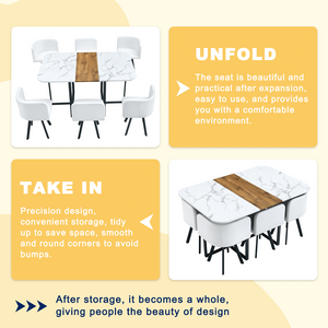 English Elm Modern Reversible Faux Marble Mdf Dining Set with White Pu Leather Chairs Seats Six W3226S00004