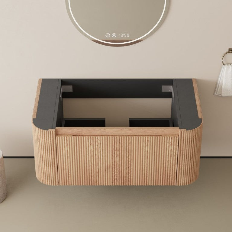 English Elm 36-Inch Fluted Wood Bathroom Vanity with Curved Front and Soft-Close Drawer Storage W3235P459619