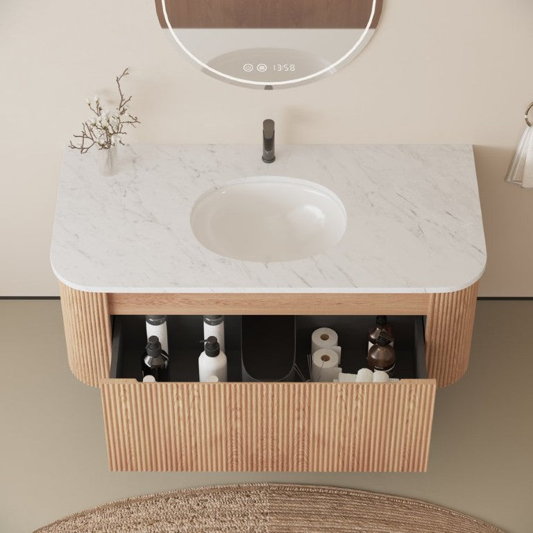 English Elm 42 Inch Wall Mounted Bathroom Vanity with Carrara Marble Ceramic Basin Soft Close Drawer W3235P459627