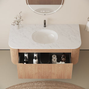 English Elm 42 Inch Wall Mounted Bathroom Vanity with Carrara Marble Ceramic Basin Soft Close Drawer W3235P459627