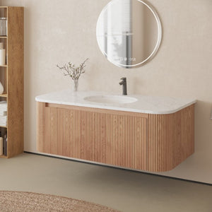 English Elm 42 Inch Wall Mounted Bathroom Vanity with Carrara Marble Ceramic Basin Soft Close Drawer W3235P459627
