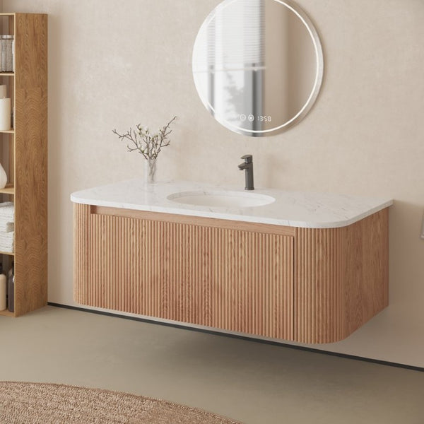 English Elm 42 Inch Wall Mounted Bathroom Vanity with Carrara Marble Ceramic Basin Soft Close Drawer W3235P459627
