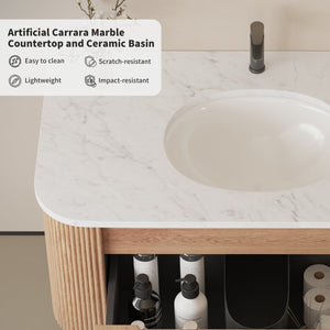 English Elm 42 Inch Wall Mounted Bathroom Vanity with Carrara Marble Ceramic Basin Soft Close Drawer W3235P459627
