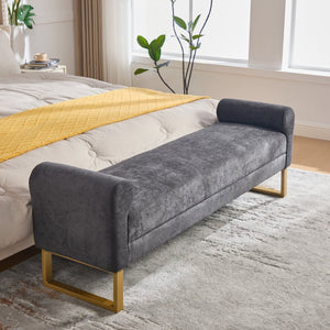 English Elm 65" Chenille Upholstered Bench with Gold Legs Elegant Bedroom or Entryway Seating Dark Gray W3244P509752