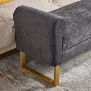 English Elm 65" Chenille Upholstered Bench with Gold Legs Elegant Bedroom or Entryway Seating Dark Gray W3244P509752