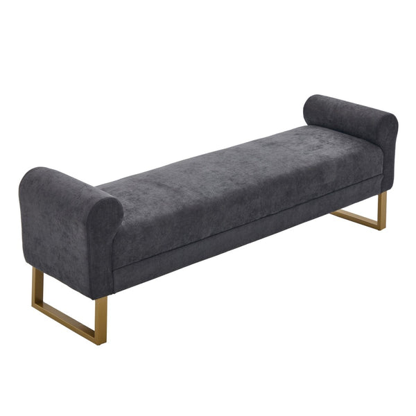 English Elm 65" Chenille Upholstered Bench with Gold Legs Elegant Bedroom or Entryway Seating Dark Gray W3244P509752
