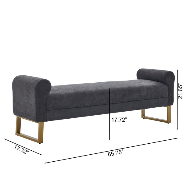 English Elm 65" Chenille Upholstered Bench with Gold Legs Elegant Bedroom or Entryway Seating Dark Gray W3244P509752