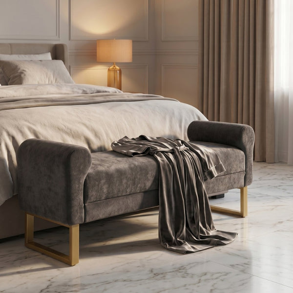 English Elm 65" Chenille Upholstered Bench with Gold Legs Elegant Bedroom or Entryway Seating Dark Gray W3244P509752