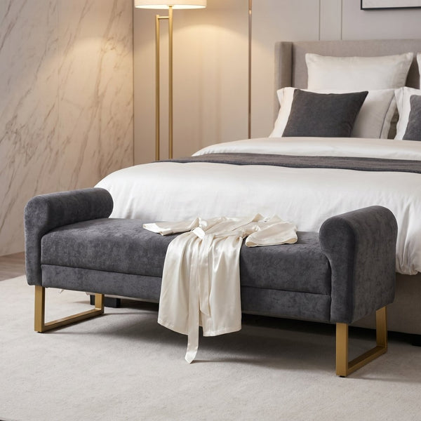 English Elm 65" Chenille Upholstered Bench with Gold Legs Elegant Bedroom or Entryway Seating Dark Gray W3244P509752