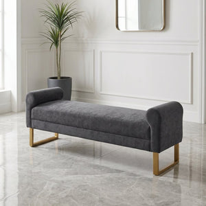 English Elm 65" Chenille Upholstered Bench with Gold Legs Elegant Bedroom or Entryway Seating Dark Gray W3244P509752