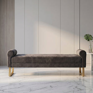 English Elm 65" Chenille Upholstered Bench with Gold Legs Elegant Bedroom or Entryway Seating Dark Gray W3244P509752