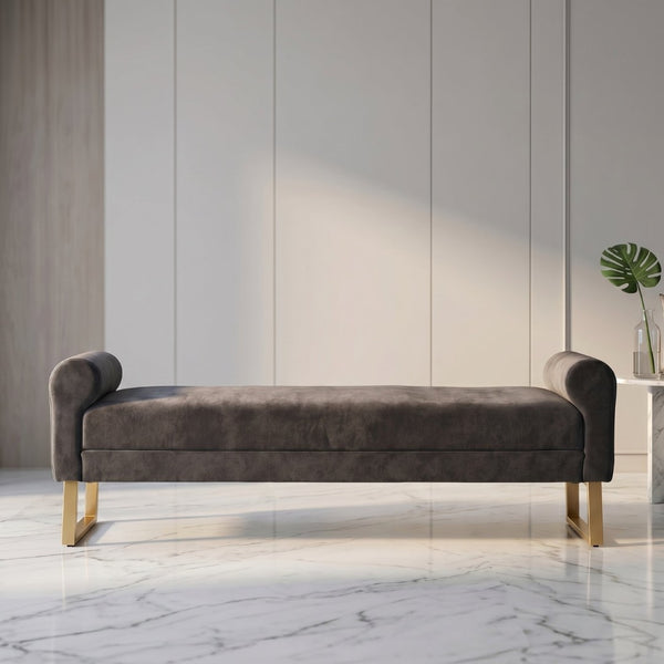 English Elm 65" Chenille Upholstered Bench with Gold Legs Elegant Bedroom or Entryway Seating Dark Gray W3244P509752