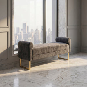 English Elm 65" Chenille Upholstered Bench with Gold Legs Elegant Bedroom or Entryway Seating Dark Gray W3244P509752
