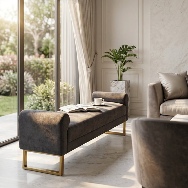 English Elm 65" Chenille Upholstered Bench with Gold Legs Elegant Bedroom or Entryway Seating Dark Gray W3244P509752