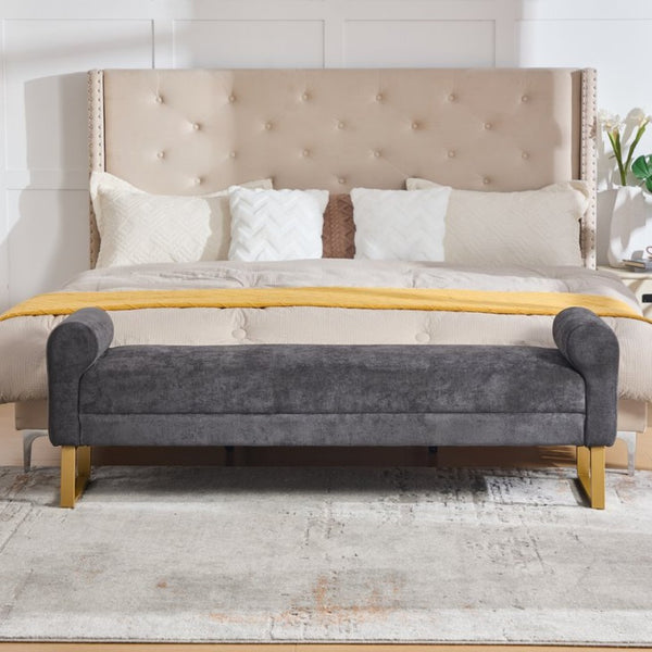 English Elm 65" Chenille Upholstered Bench with Gold Legs Elegant Bedroom or Entryway Seating Dark Gray W3244P509752