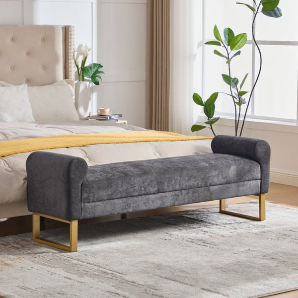 English Elm 65" Chenille Upholstered Bench with Gold Legs Elegant Bedroom or Entryway Seating Dark Gray W3244P509752