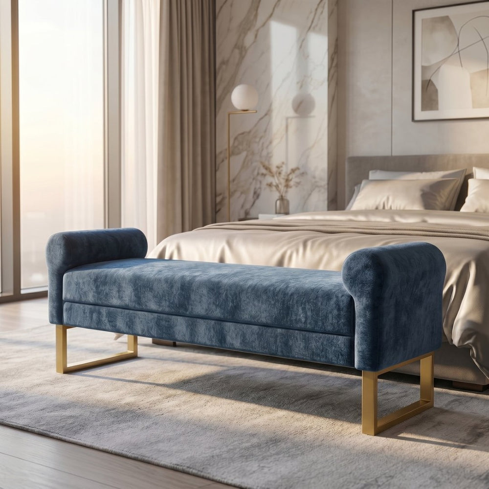 English Elm 65" Chenille Upholstered Bench with Gold Legs Elegant Bedroom or Entryway Seating Blue W3244P509758