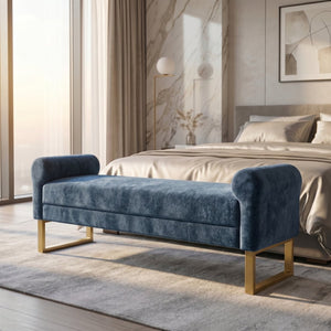 English Elm 65" Chenille Upholstered Bench with Gold Legs Elegant Bedroom or Entryway Seating Blue W3244P509758