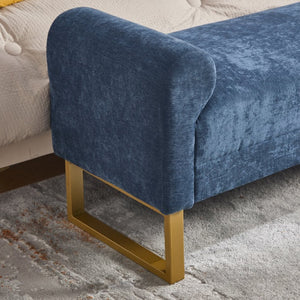 English Elm 65" Chenille Upholstered Bench with Gold Legs Elegant Bedroom or Entryway Seating Blue W3244P509758