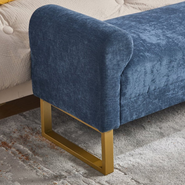 English Elm 65" Chenille Upholstered Bench with Gold Legs Elegant Bedroom or Entryway Seating Blue W3244P509758