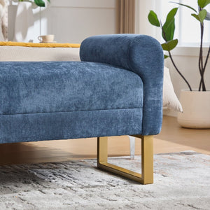English Elm 65" Chenille Upholstered Bench with Gold Legs Elegant Bedroom or Entryway Seating Blue W3244P509758