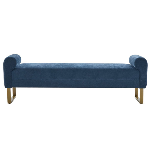 English Elm 65" Chenille Upholstered Bench with Gold Legs Elegant Bedroom or Entryway Seating Blue W3244P509758
