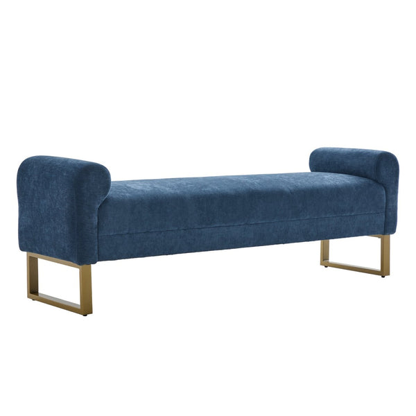 English Elm 65" Chenille Upholstered Bench with Gold Legs Elegant Bedroom or Entryway Seating Blue W3244P509758