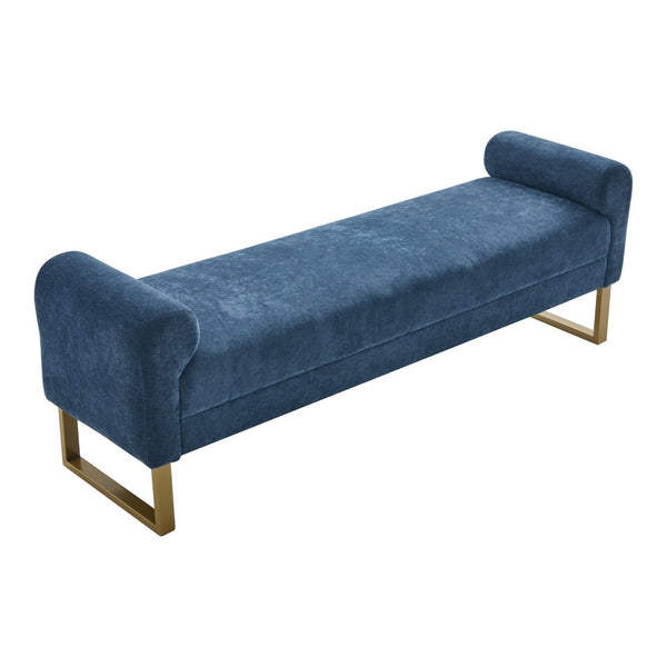 English Elm 65" Chenille Upholstered Bench with Gold Legs Elegant Bedroom or Entryway Seating Blue W3244P509758