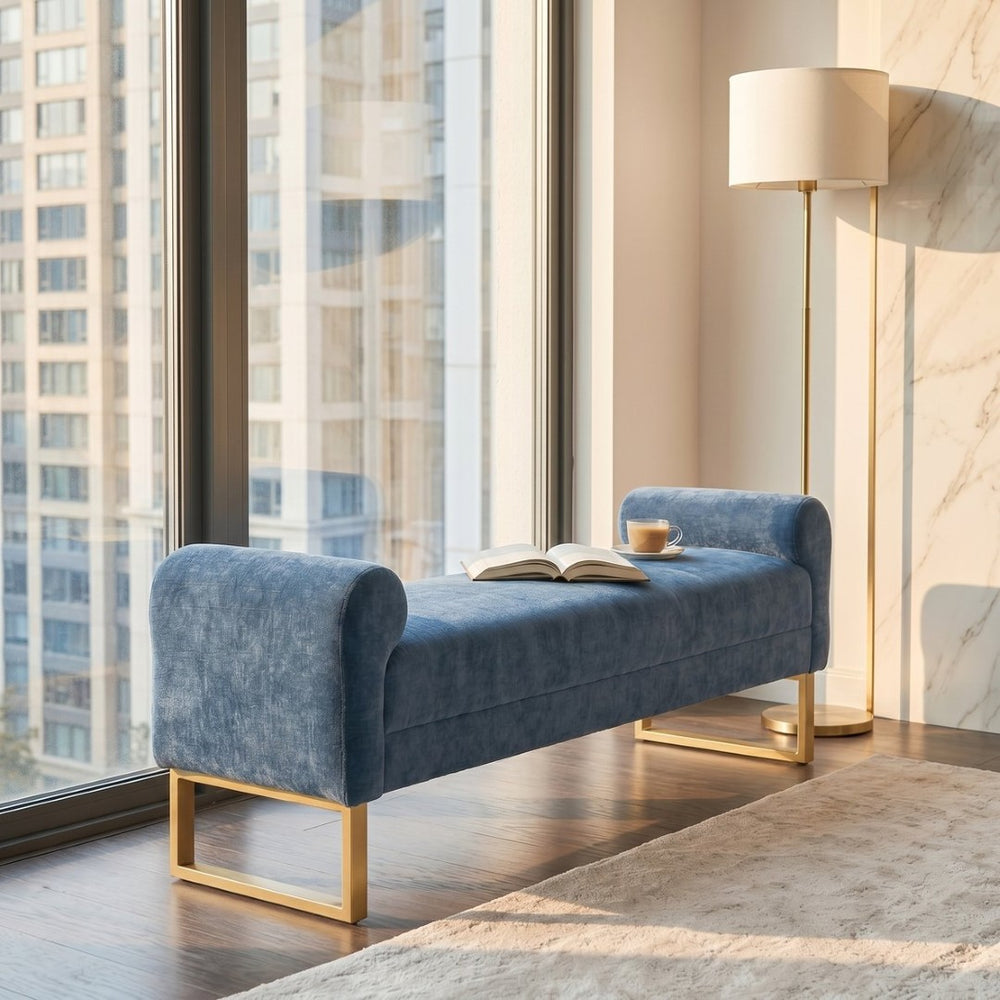 English Elm 65" Chenille Upholstered Bench with Gold Legs Elegant Bedroom or Entryway Seating Blue W3244P509758