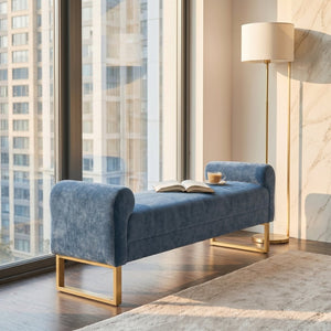 English Elm 65" Chenille Upholstered Bench with Gold Legs Elegant Bedroom or Entryway Seating Blue W3244P509758