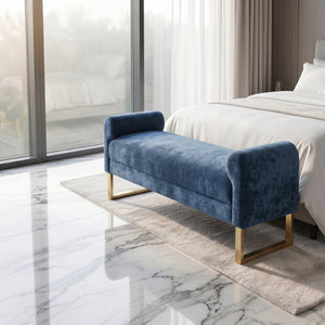 English Elm 65" Chenille Upholstered Bench with Gold Legs Elegant Bedroom or Entryway Seating Blue W3244P509758