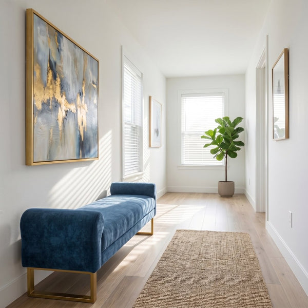 English Elm 65" Chenille Upholstered Bench with Gold Legs Elegant Bedroom or Entryway Seating Blue W3244P509758