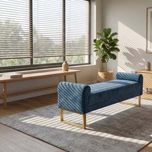English Elm 65" Chenille Upholstered Bench with Gold Legs Elegant Bedroom or Entryway Seating Blue W3244P509758