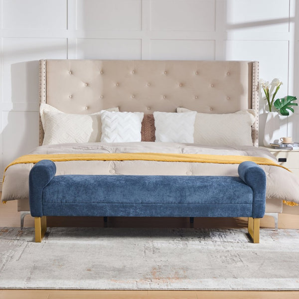 English Elm 65" Chenille Upholstered Bench with Gold Legs Elegant Bedroom or Entryway Seating Blue W3244P509758