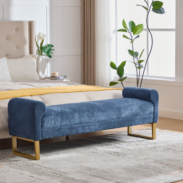 English Elm 65" Chenille Upholstered Bench with Gold Legs Elegant Bedroom or Entryway Seating Blue W3244P509758