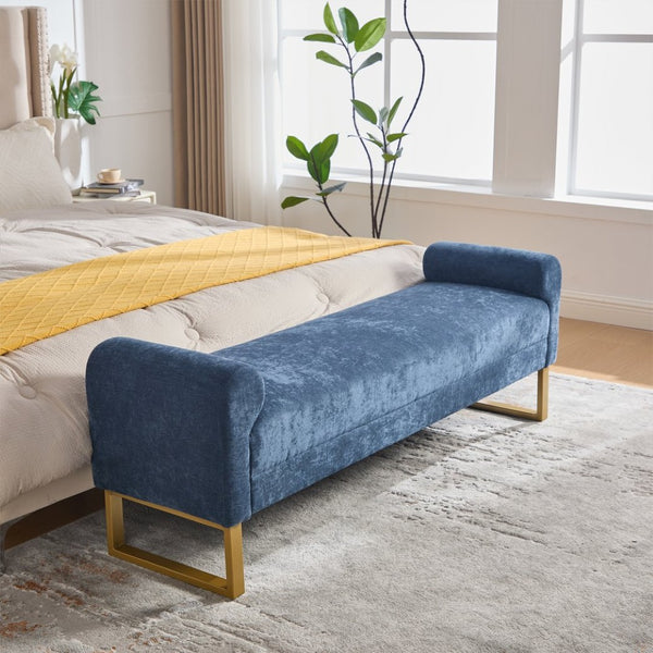 English Elm 65" Chenille Upholstered Bench with Gold Legs Elegant Bedroom or Entryway Seating Blue W3244P509758