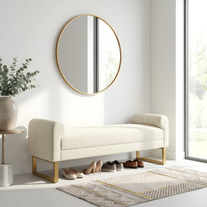 English Elm 65" Chenille Upholstered Bench with Gold Legs Elegant Bedroom or Entryway Seating Beige W3244P509761