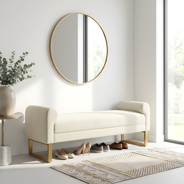 English Elm 65" Chenille Upholstered Bench with Gold Legs Elegant Bedroom or Entryway Seating Beige W3244P509761