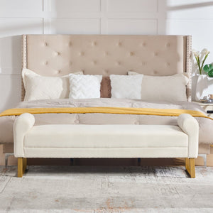 English Elm 65" Chenille Upholstered Bench with Gold Legs Elegant Bedroom or Entryway Seating Beige W3244P509761