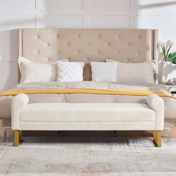 English Elm 65" Chenille Upholstered Bench with Gold Legs Elegant Bedroom or Entryway Seating Beige W3244P509761