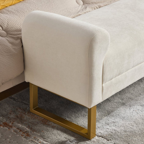English Elm 65" Chenille Upholstered Bench with Gold Legs Elegant Bedroom or Entryway Seating Beige W3244P509761