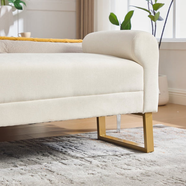 English Elm 65" Chenille Upholstered Bench with Gold Legs Elegant Bedroom or Entryway Seating Beige W3244P509761