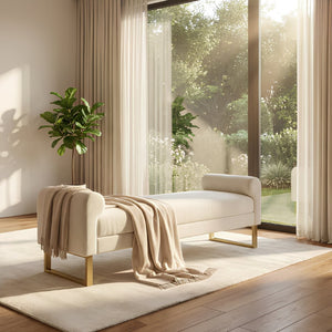 English Elm 65" Chenille Upholstered Bench with Gold Legs Elegant Bedroom or Entryway Seating Beige W3244P509761