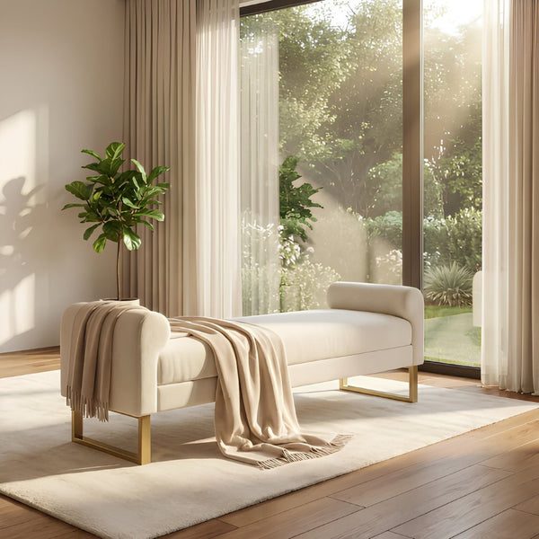 English Elm 65" Chenille Upholstered Bench with Gold Legs Elegant Bedroom or Entryway Seating Beige W3244P509761