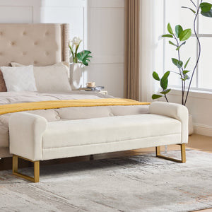 English Elm 65" Chenille Upholstered Bench with Gold Legs Elegant Bedroom or Entryway Seating Beige W3244P509761