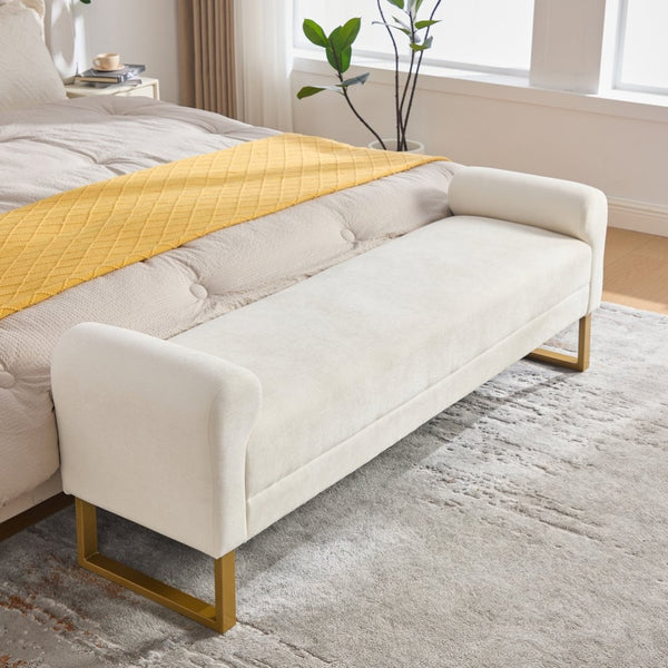 English Elm 65" Chenille Upholstered Bench with Gold Legs Elegant Bedroom or Entryway Seating Beige W3244P509761