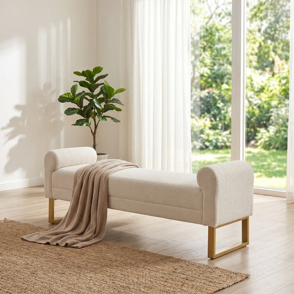 English Elm 65" Chenille Upholstered Bench with Gold Legs Elegant Bedroom or Entryway Seating Beige W3244P509761